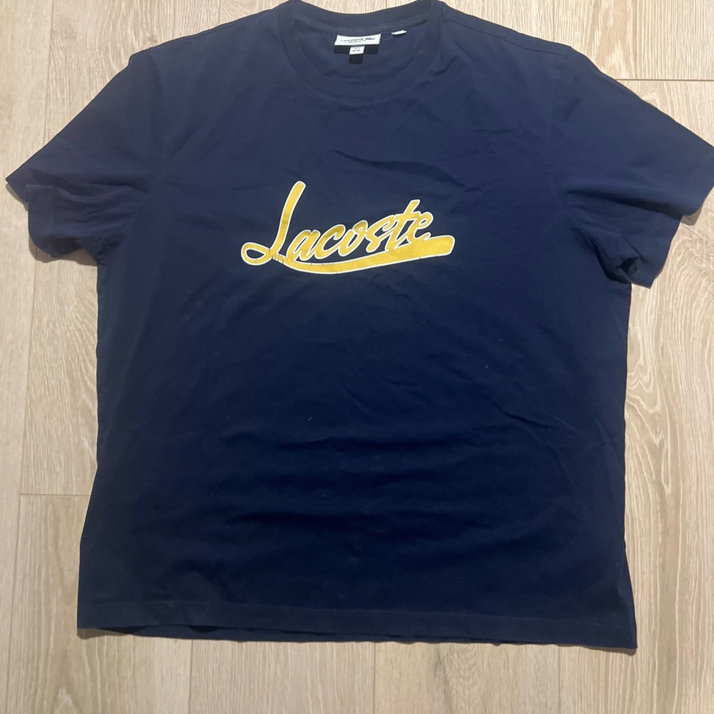 Lacoste Men's Dark Blue Tee with Yellow Logo